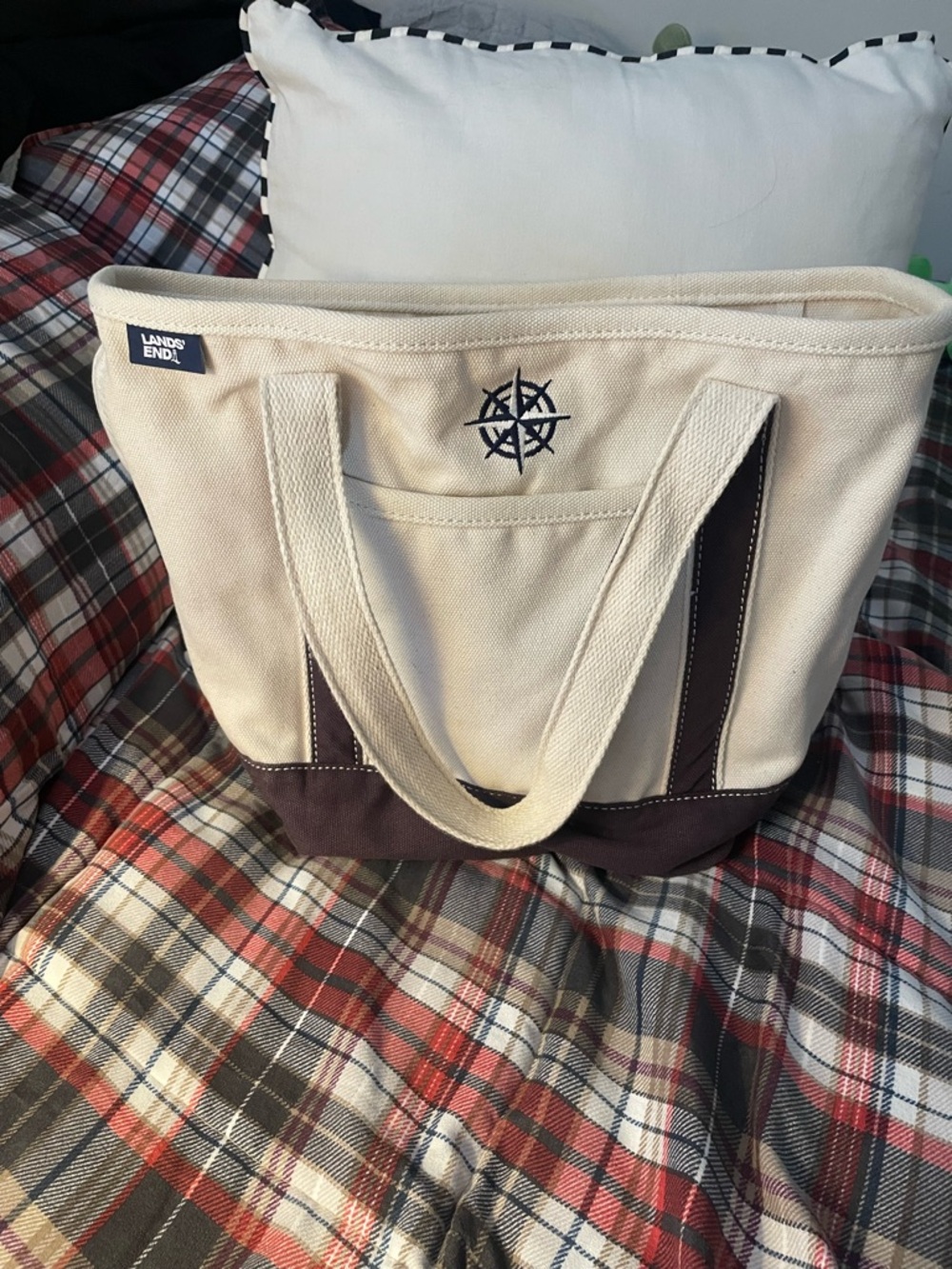 Lands' End Cream Canvas Tote with Navy Compass Embroidery